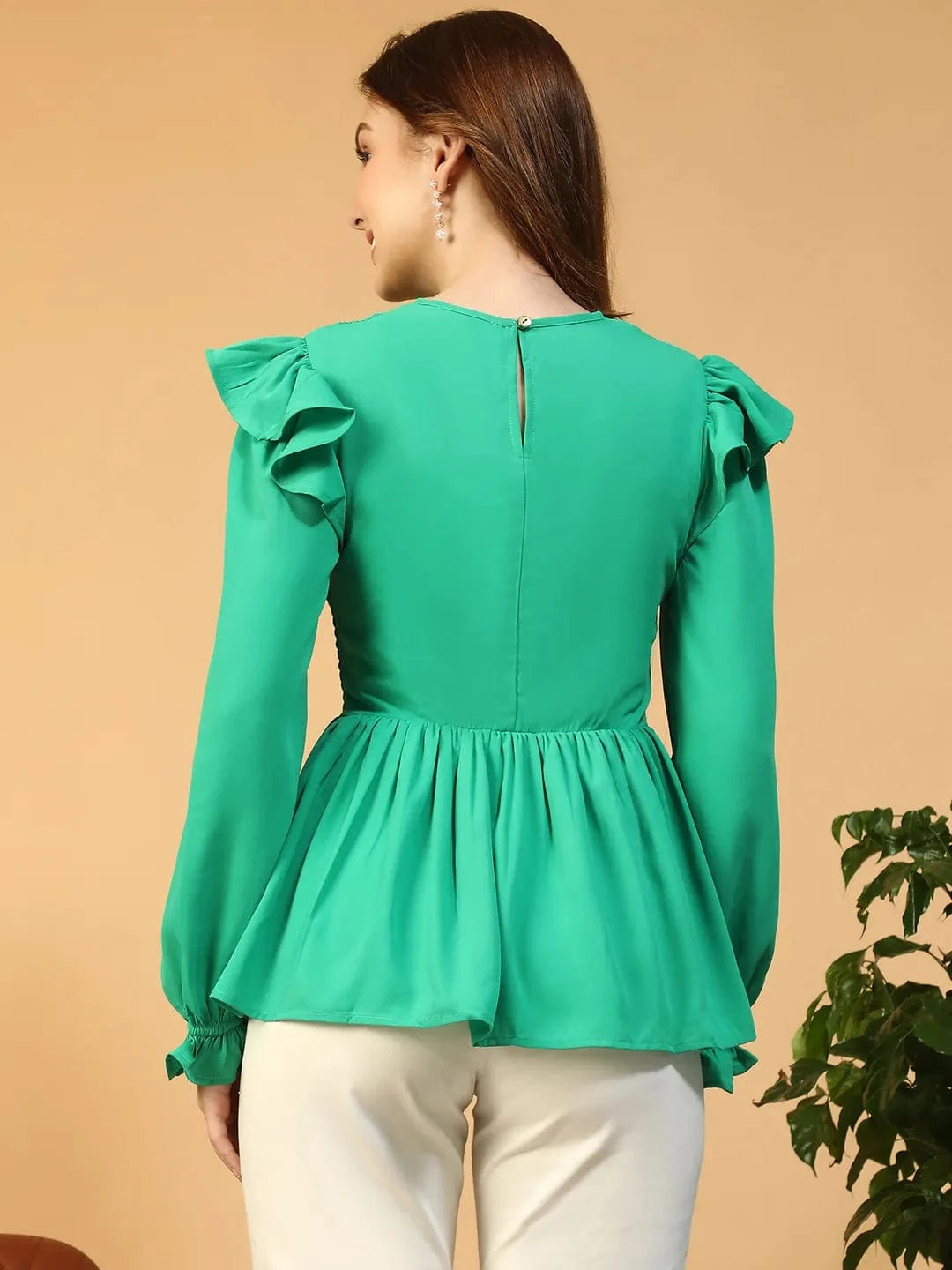 Nature Solid Green Round Neck Smocked & Ruffle Detail Long Sleeve Women Peplum Top