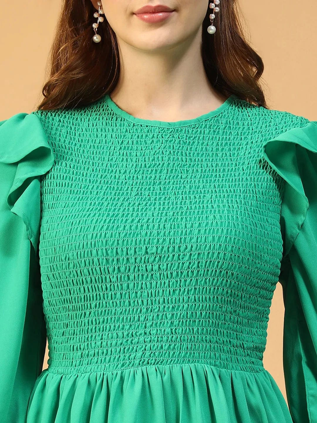 Nature Solid Green Round Neck Smocked & Ruffle Detail Long Sleeve Women Peplum Top