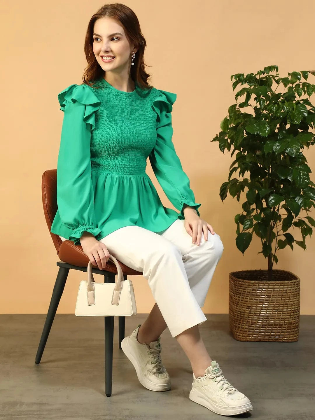 Nature Solid Green Round Neck Smocked & Ruffle Detail Long Sleeve Women Peplum Top