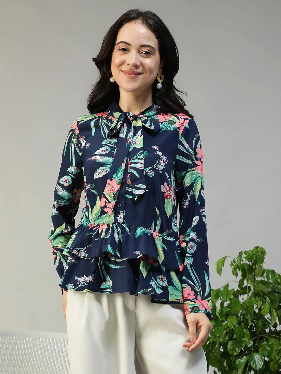Navy Blue Floral Print Top