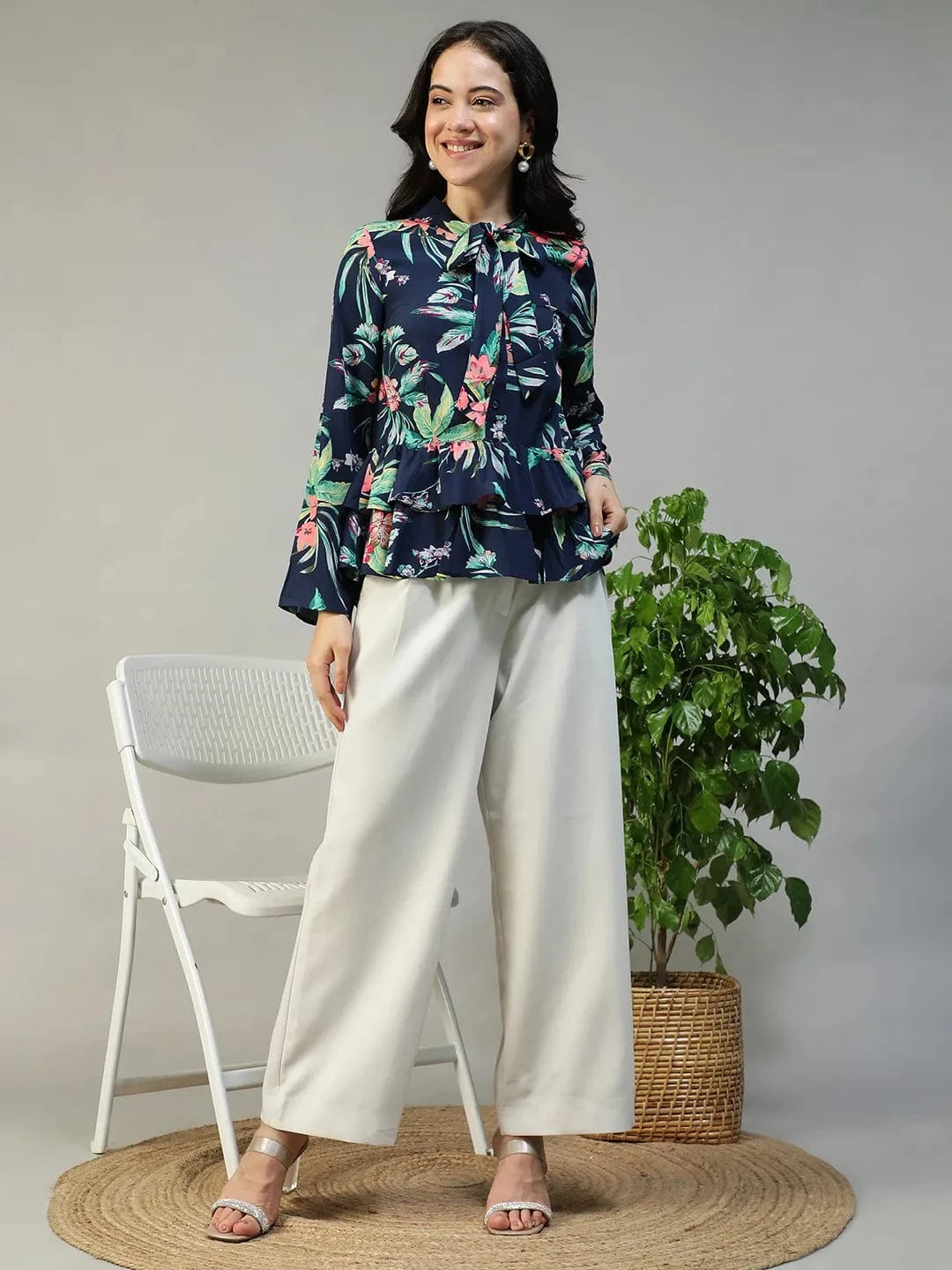 Navy Blue Floral Print Top