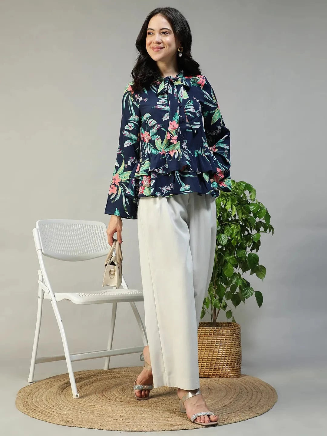 Navy Blue Floral Print Top