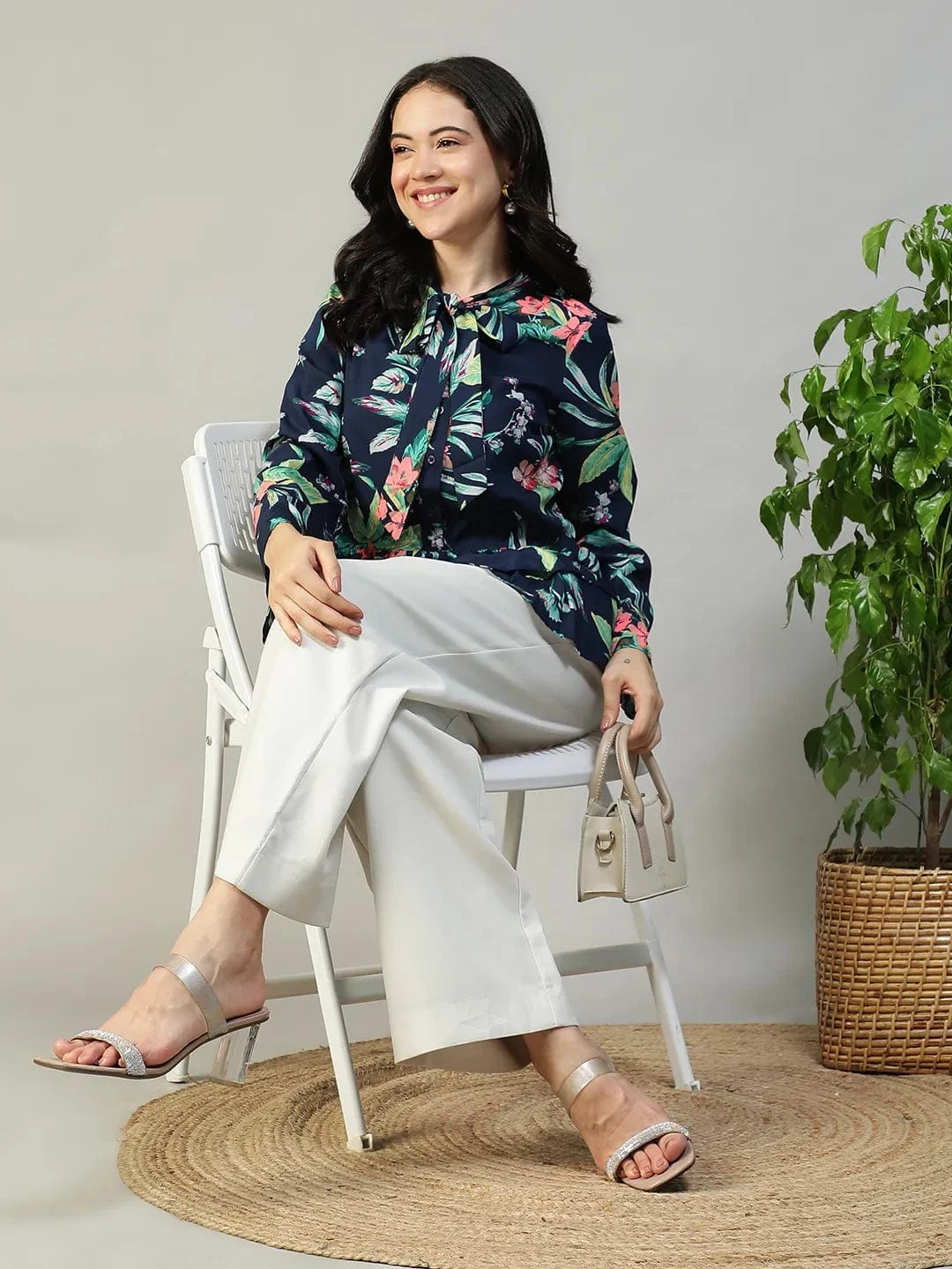 Navy Blue Floral Print Top