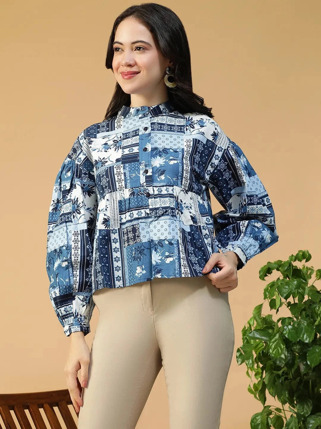 Blue Abstract Print Cotton Top