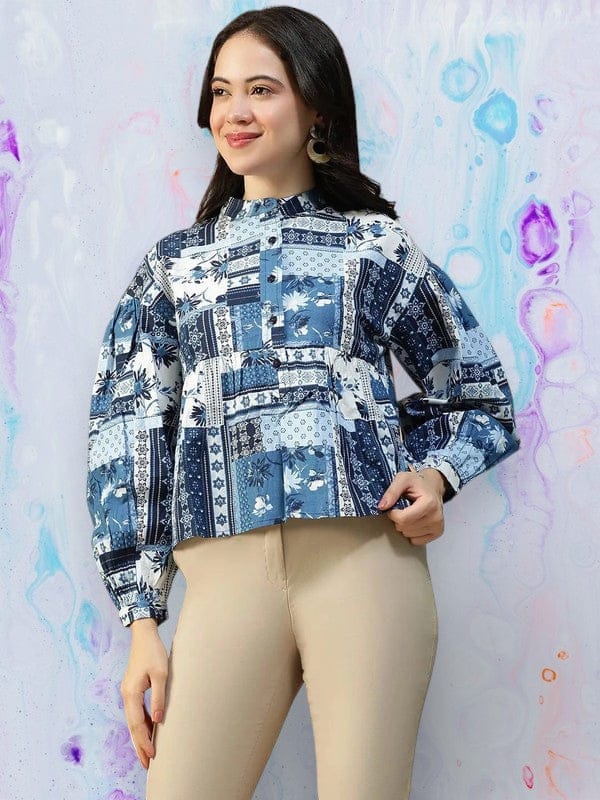 Blue Abstract Print Cotton Top