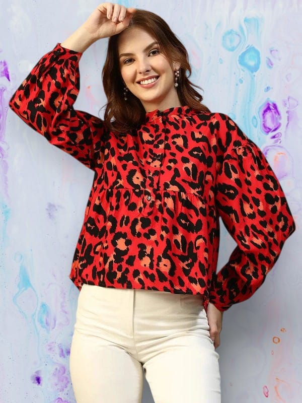 Red Animal Print Cotton Top