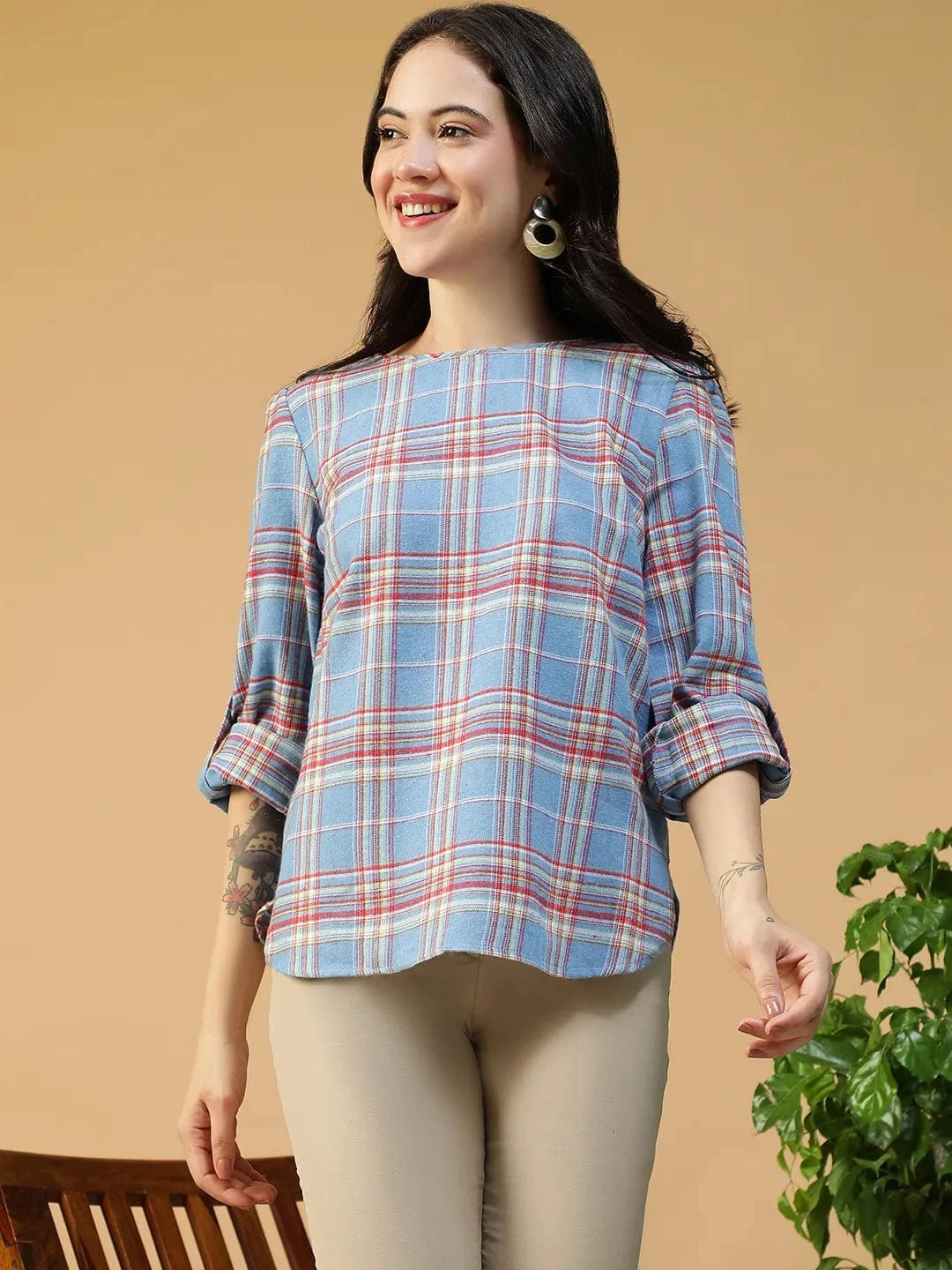 Blue Brush Check Print Cotton Top