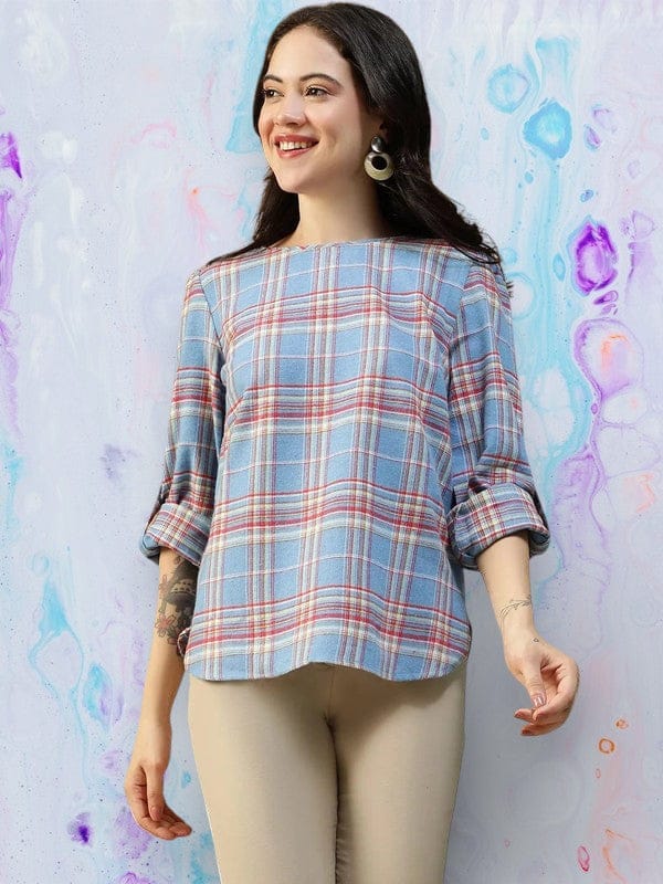 Blue Brush Check Print Cotton Top