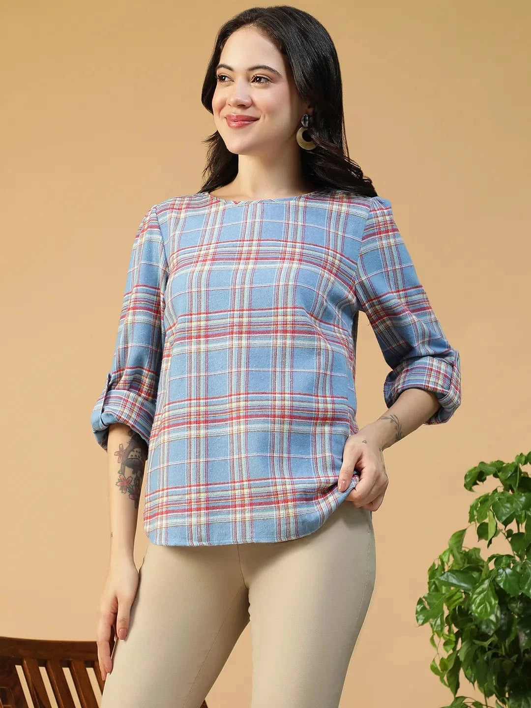 Blue Brush Check Print Cotton Top