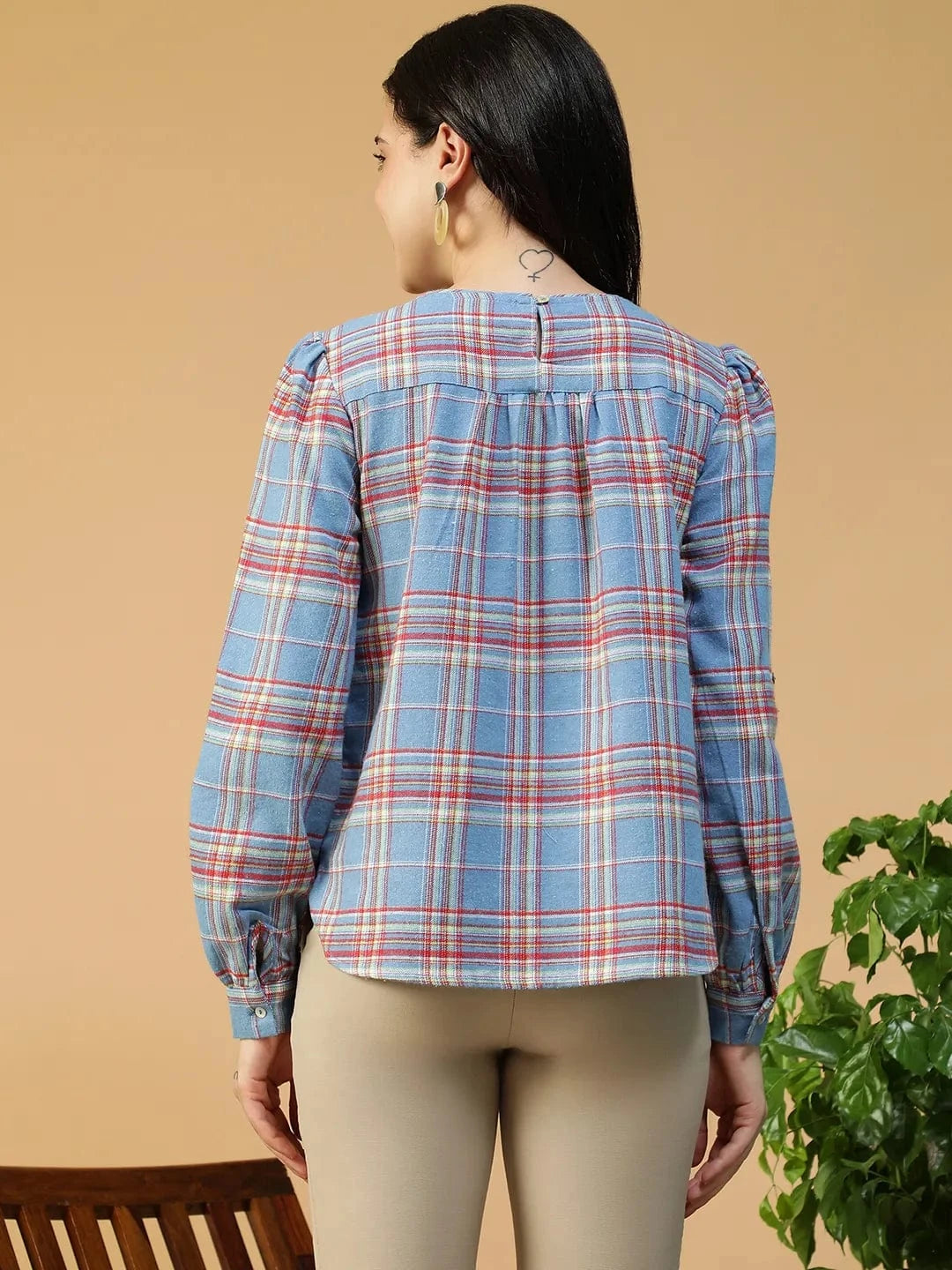 Blue Brush Check Print Cotton Top