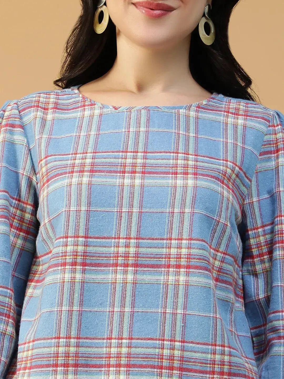 Blue Brush Check Print Cotton Top