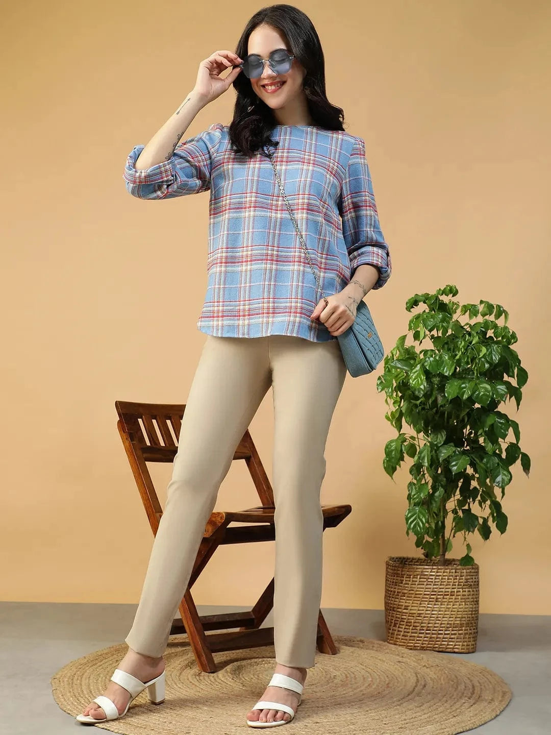 Blue Brush Check Print Cotton Top