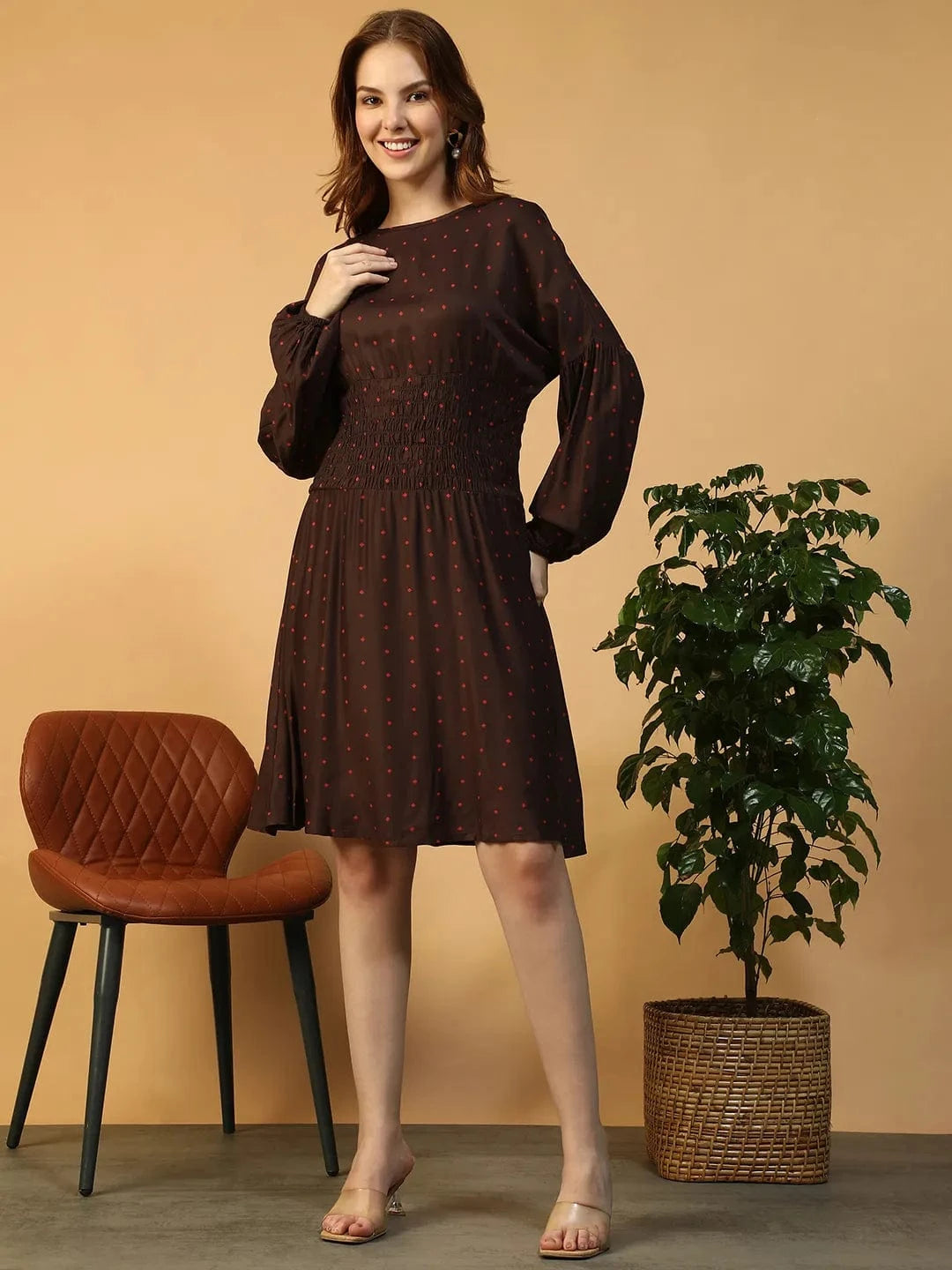 Brown Dot Print Dress
