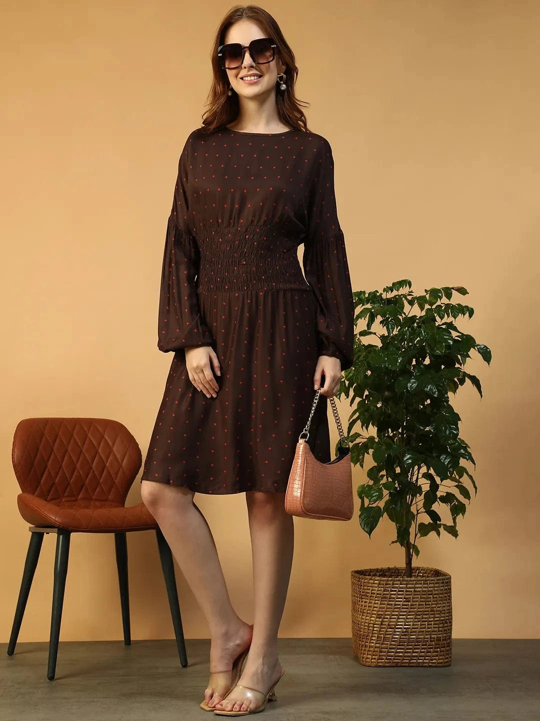 Brown Dot Print Dress
