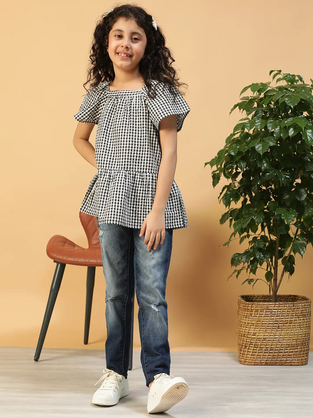 Kid Girl Black Check Print Cotton Dress