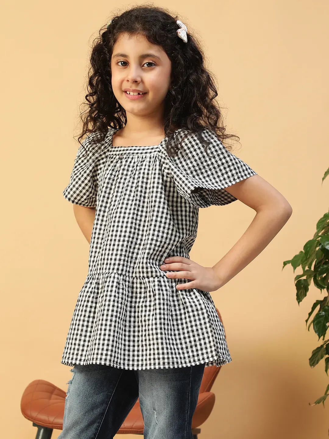 Kid Girl Black Check Print Cotton Dress