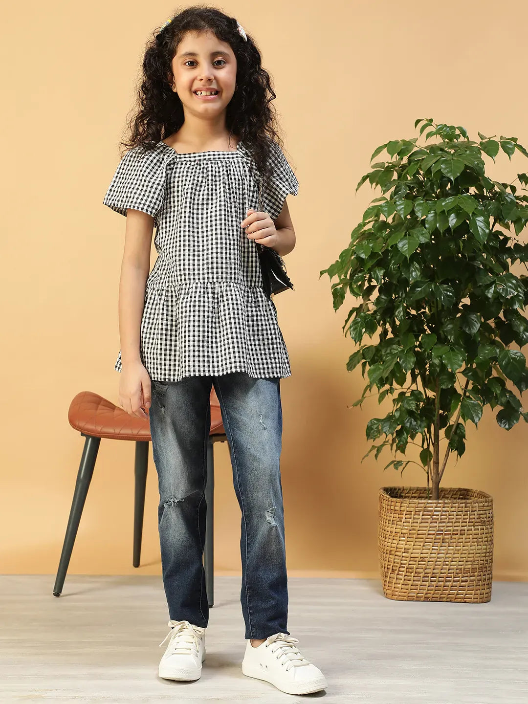 Kid Girl Black Check Print Cotton Dress