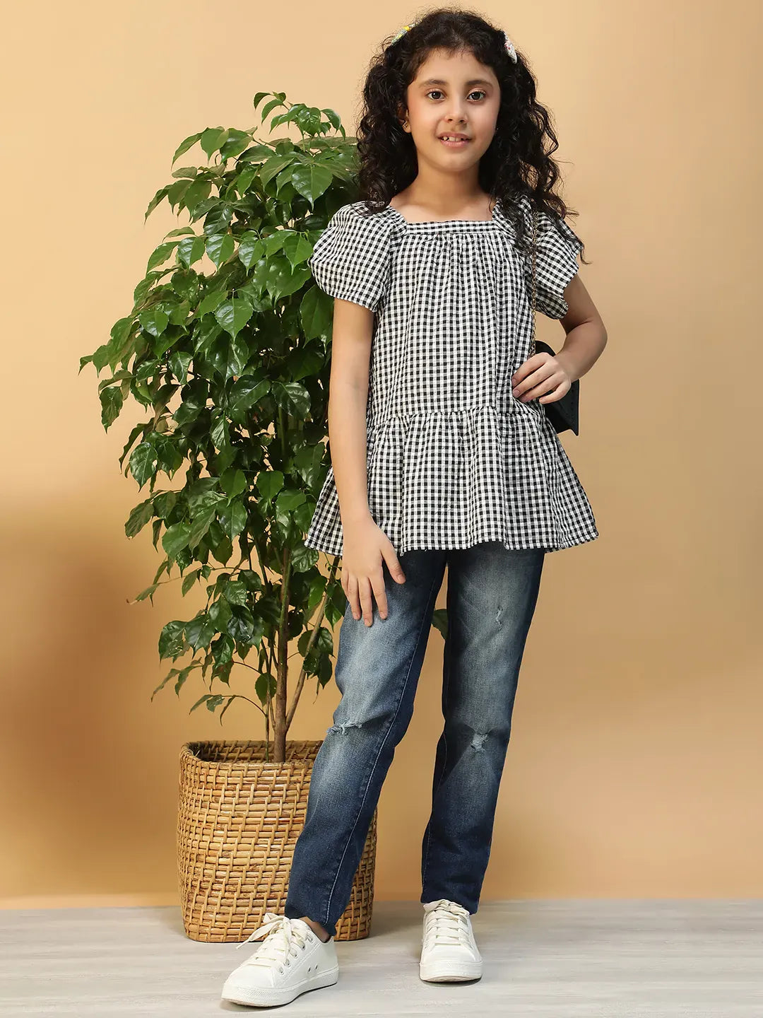 Kid Girl Black Check Print Cotton Dress