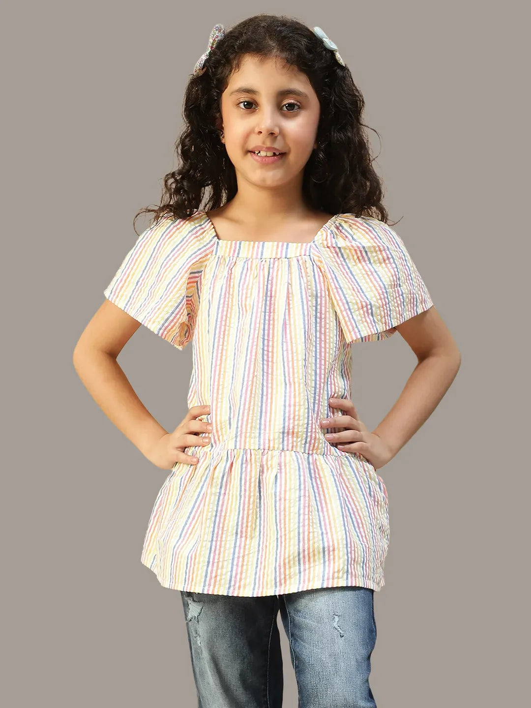 Kid Girl Multicolor Stripe Print Cotton Dress