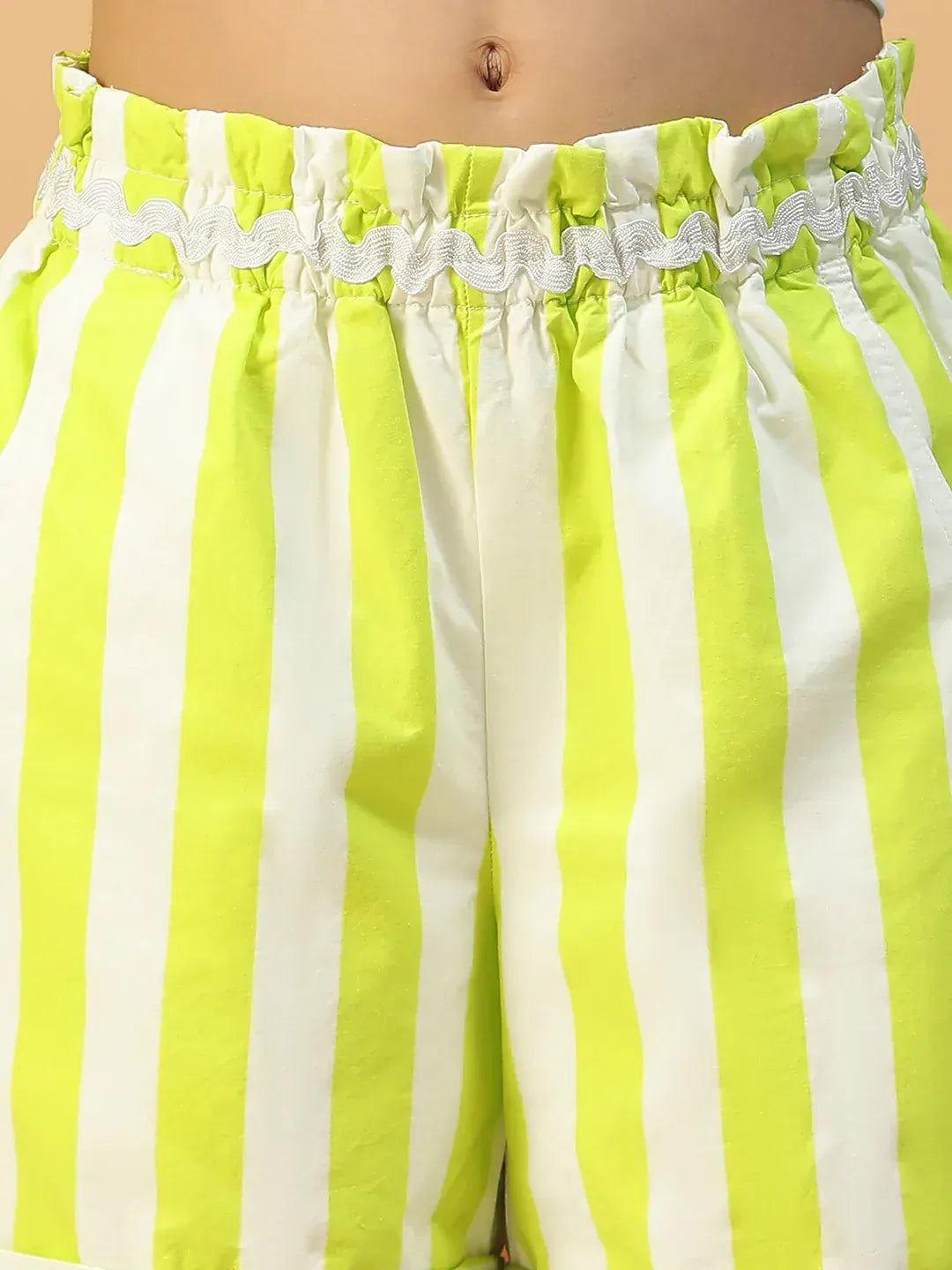 Kid Girl Green Stripe Print Cotton Shorts