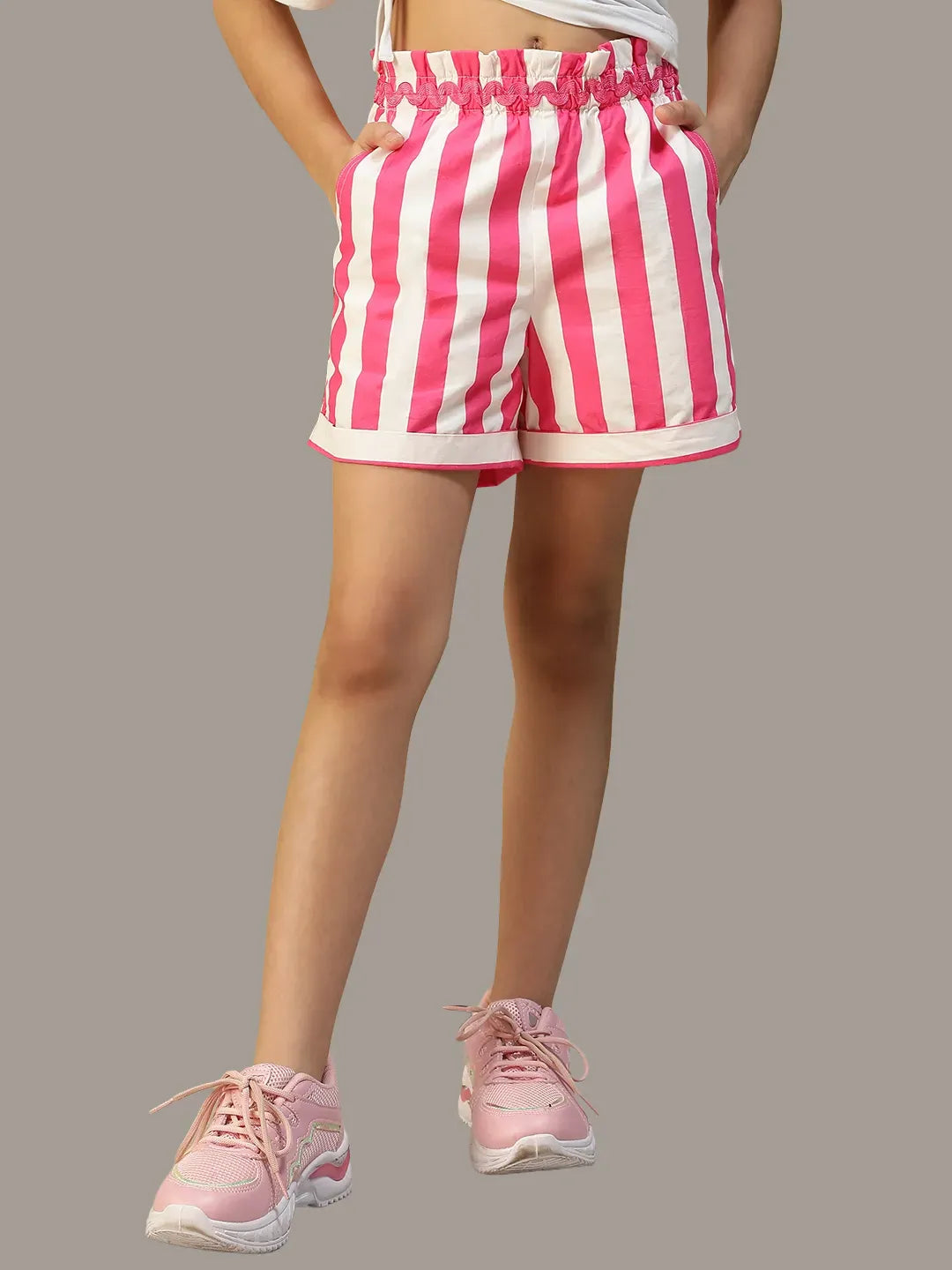 Kid Girl Pink Stripe Print Cotton Shorts