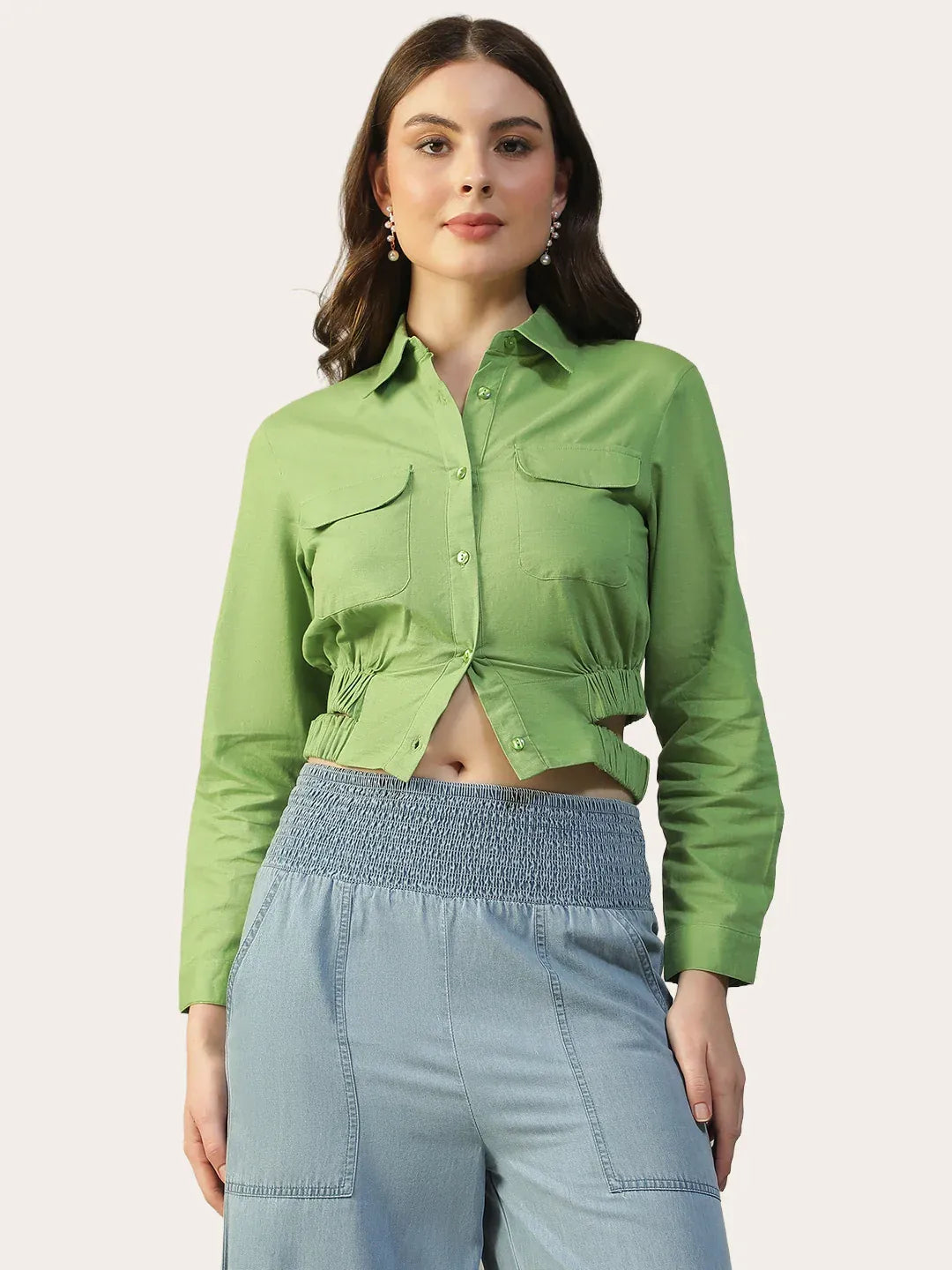 Green Women’s Shirt with Collar & Cut-Outs