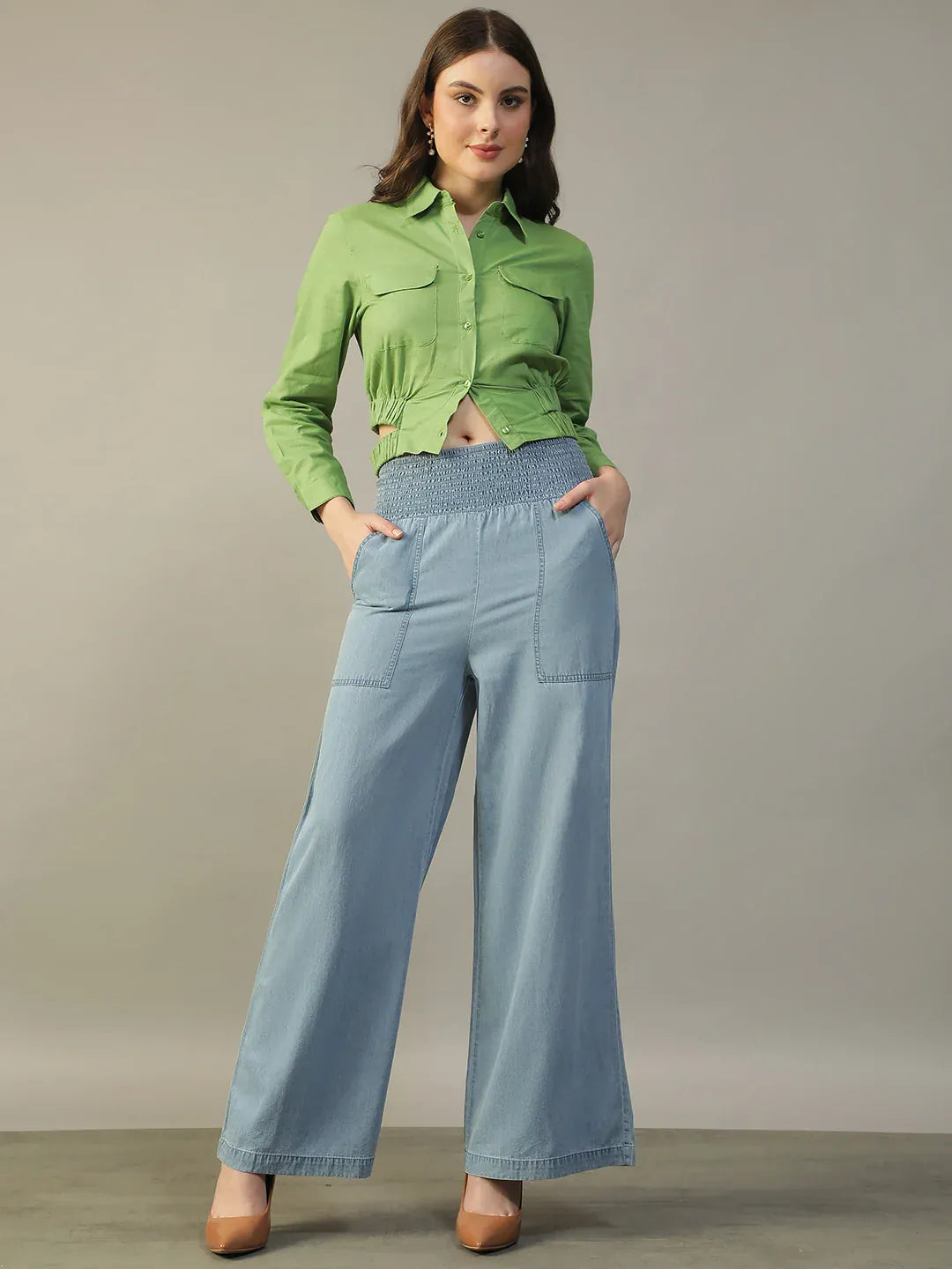 Green Women’s Shirt with Collar & Cut-Outs