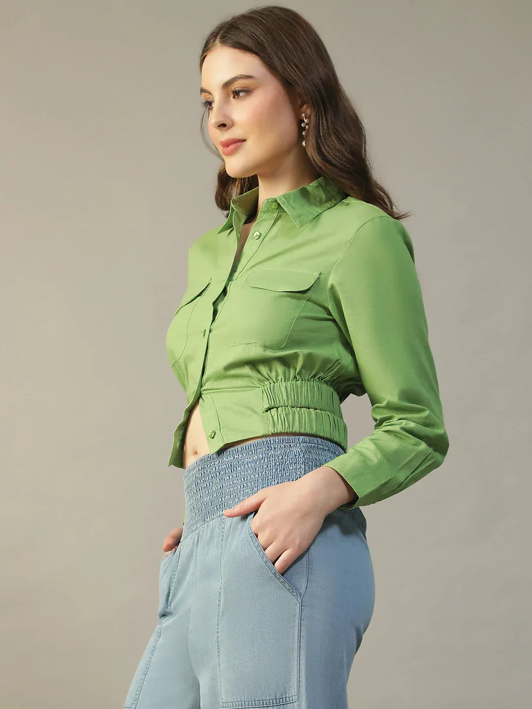Green Women’s Shirt with Collar & Cut-Outs