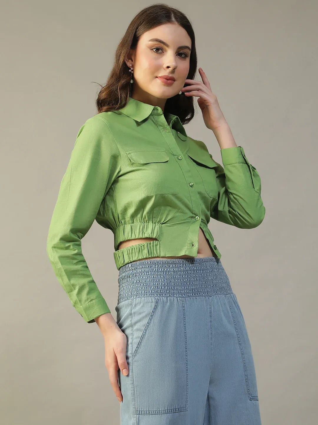Green Women’s Shirt with Collar & Cut-Outs