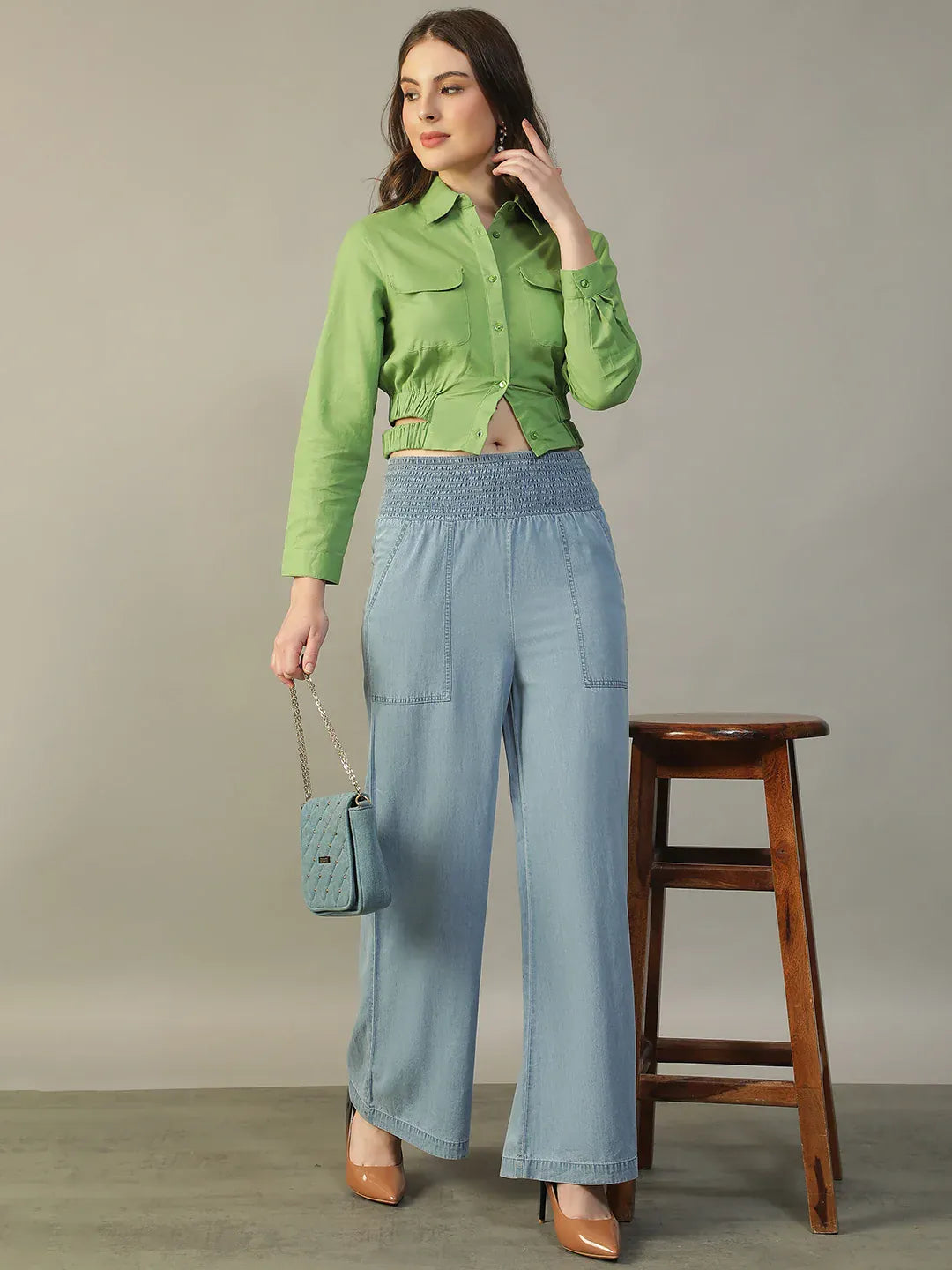 Green Women’s Shirt with Collar & Cut-Outs