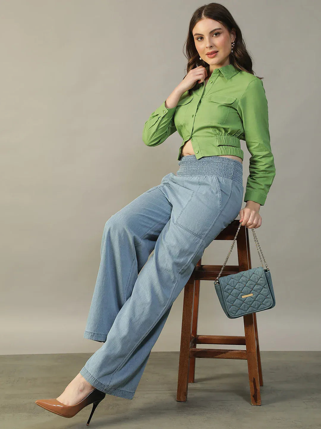 Green Women’s Shirt with Collar & Cut-Outs