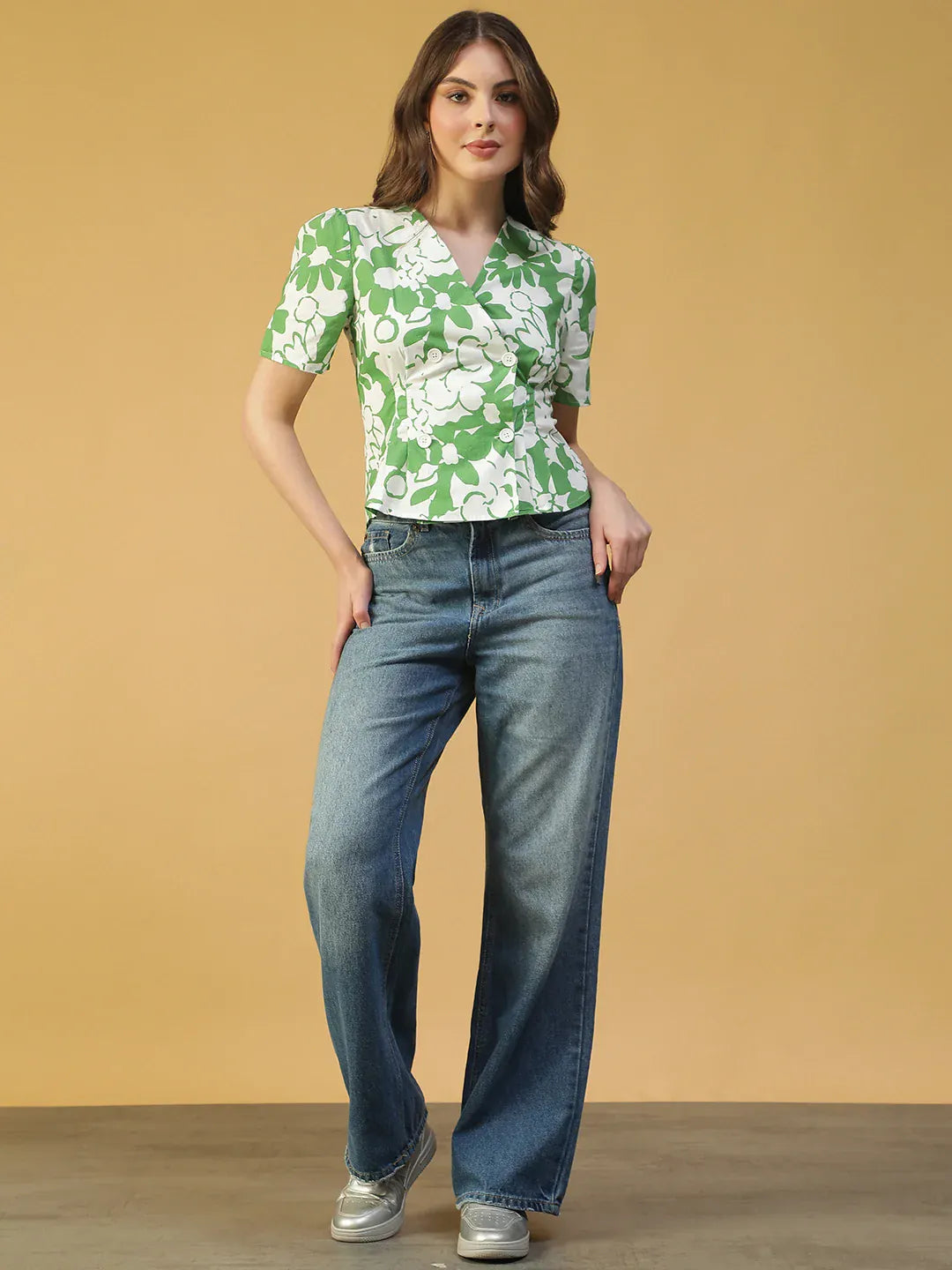 Green Floral Print Top