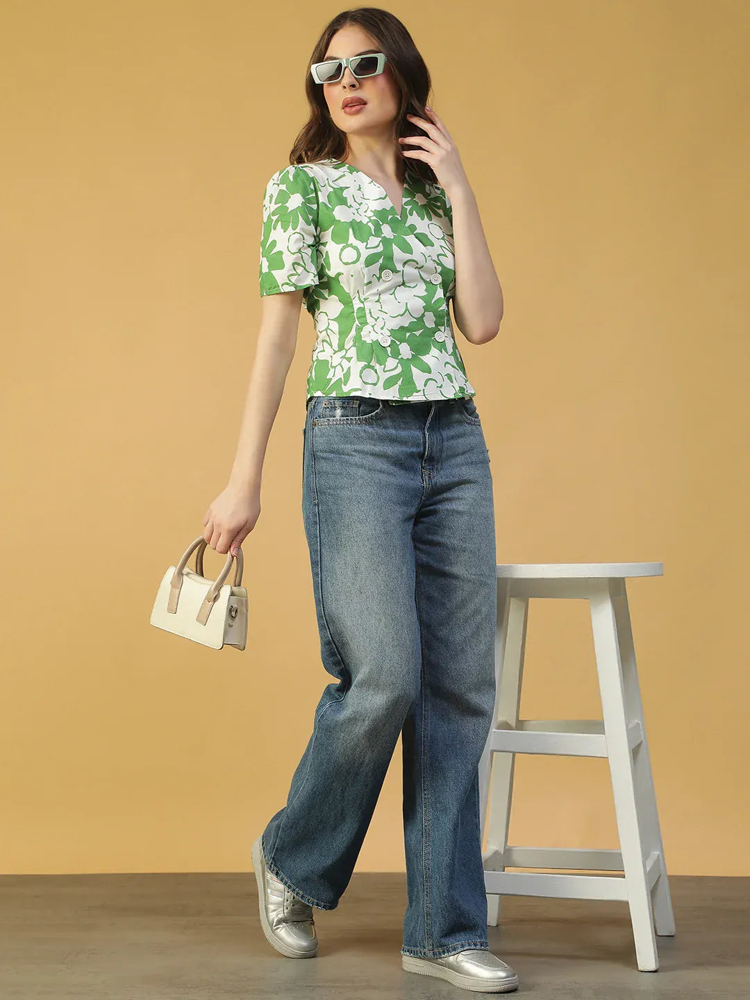 Green Floral Print Top