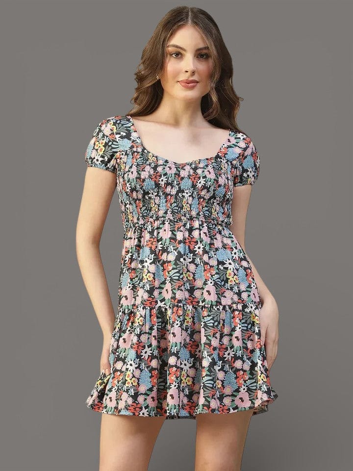 Multicolor Short Sleeve Smocked Floral Dress