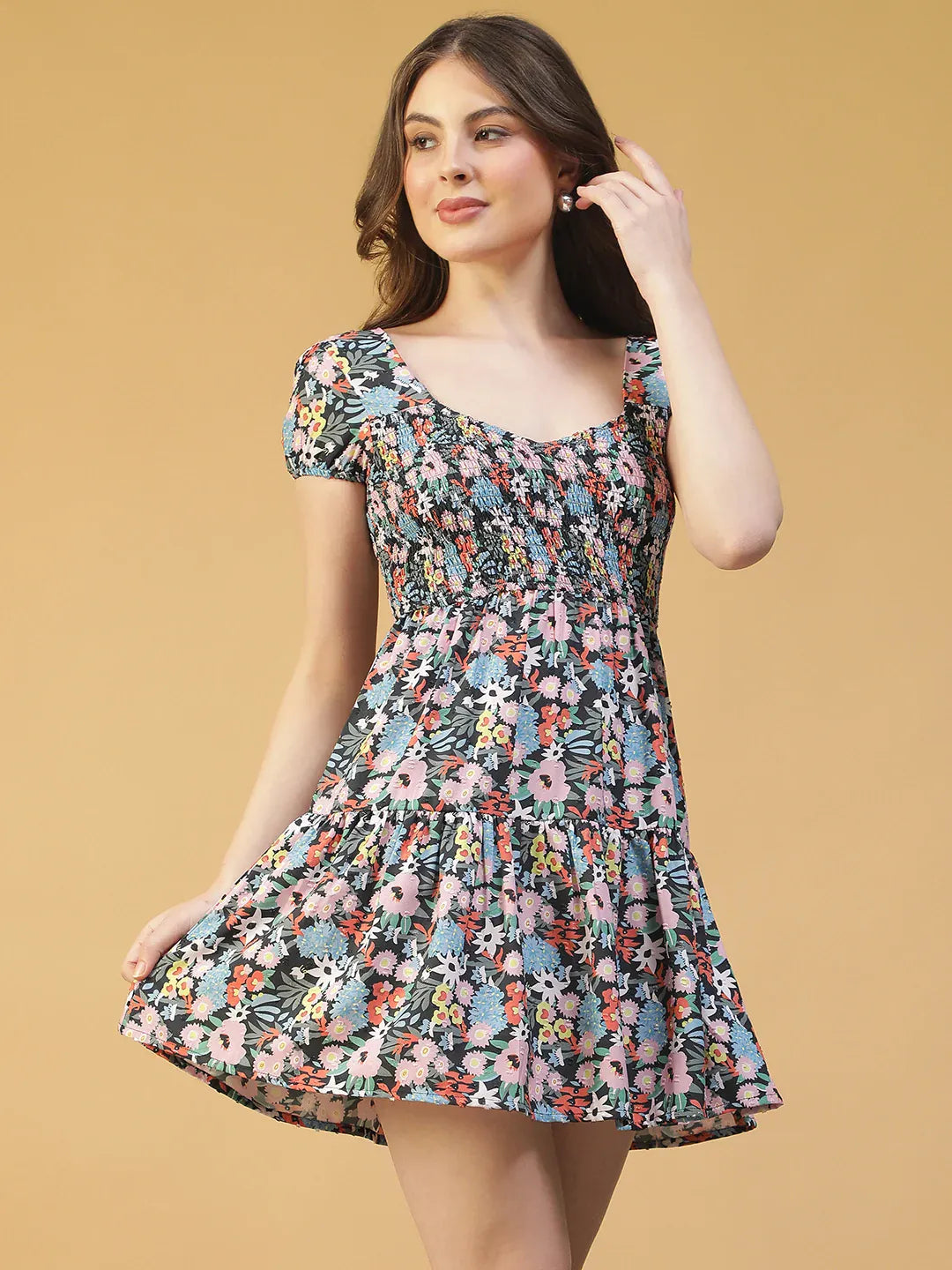 Multicolor Short Sleeve Smocked Floral Dress