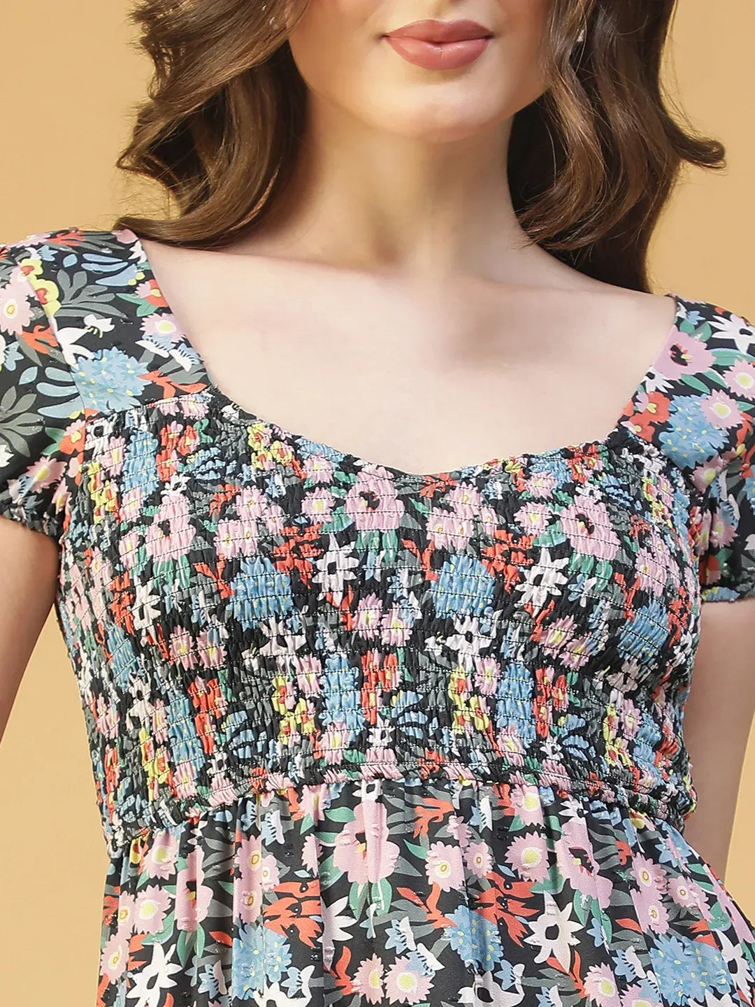 Multicolor Short Sleeve Smocked Floral Dress