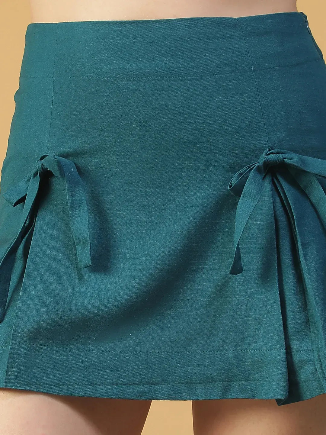 Women’s Blue Elasticated Cotton Mini Skirt with Tie-Up Detail