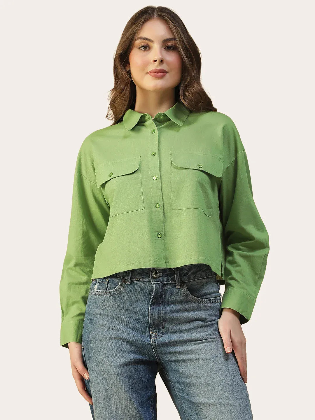 Green Women’s Shirt with Collar & Button-Down Front