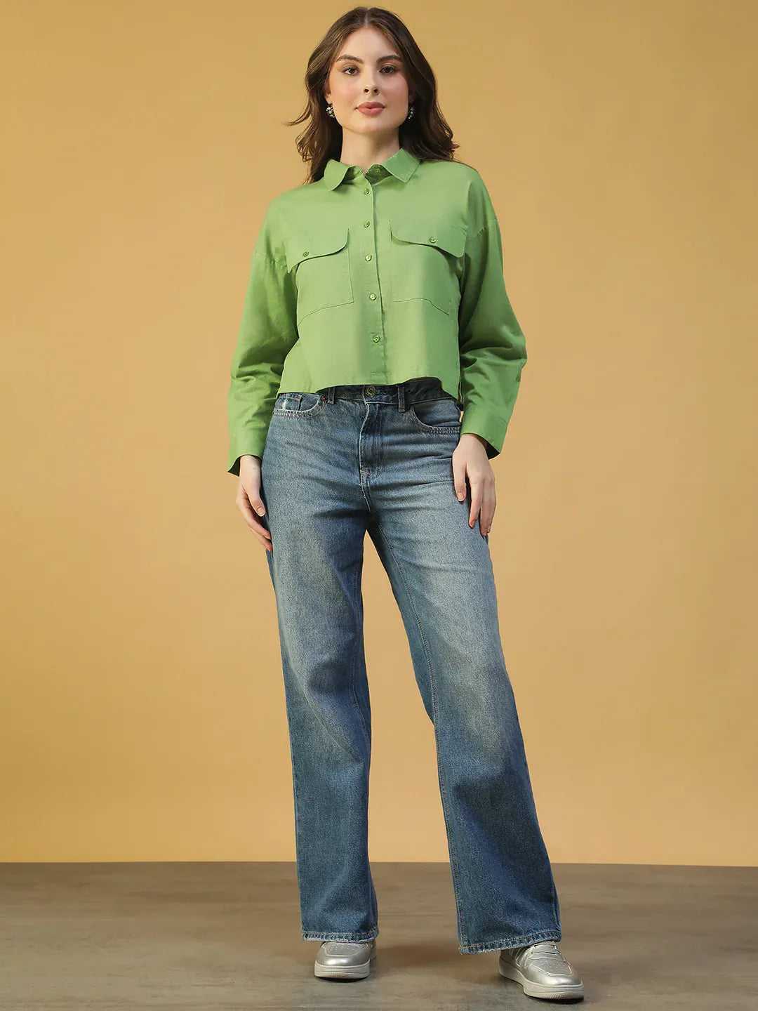 Green Women’s Shirt with Collar & Button-Down Front