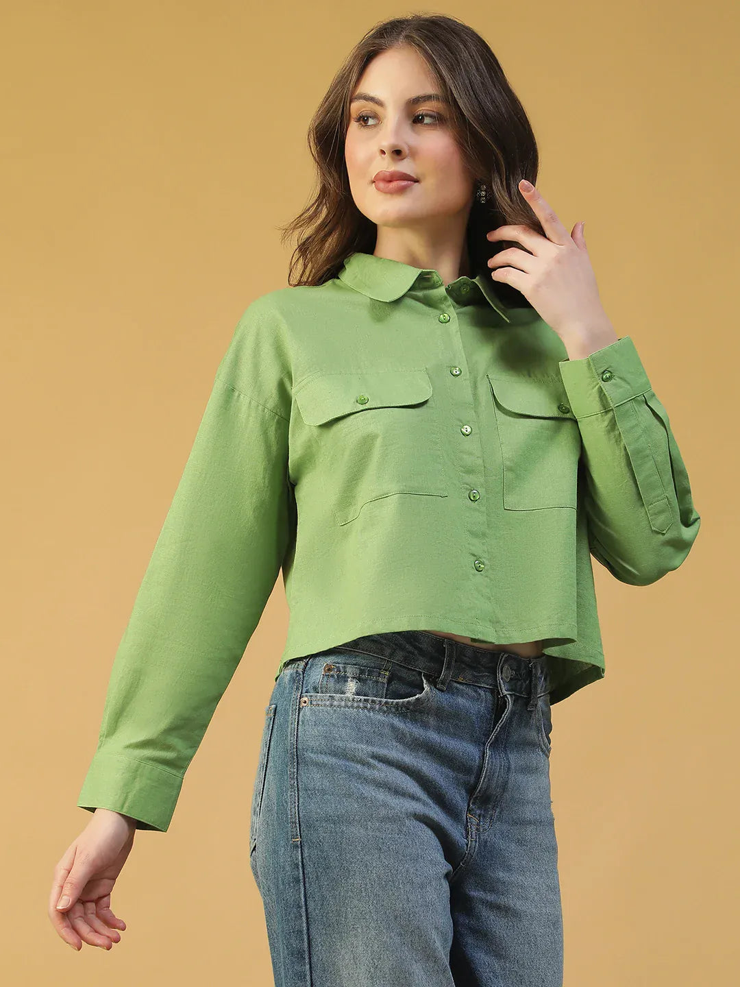 Green Women’s Shirt with Collar & Button-Down Front