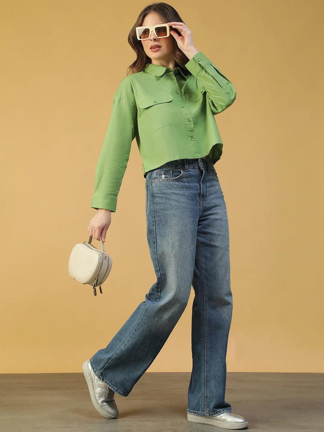 Green Women’s Shirt with Collar & Button-Down Front