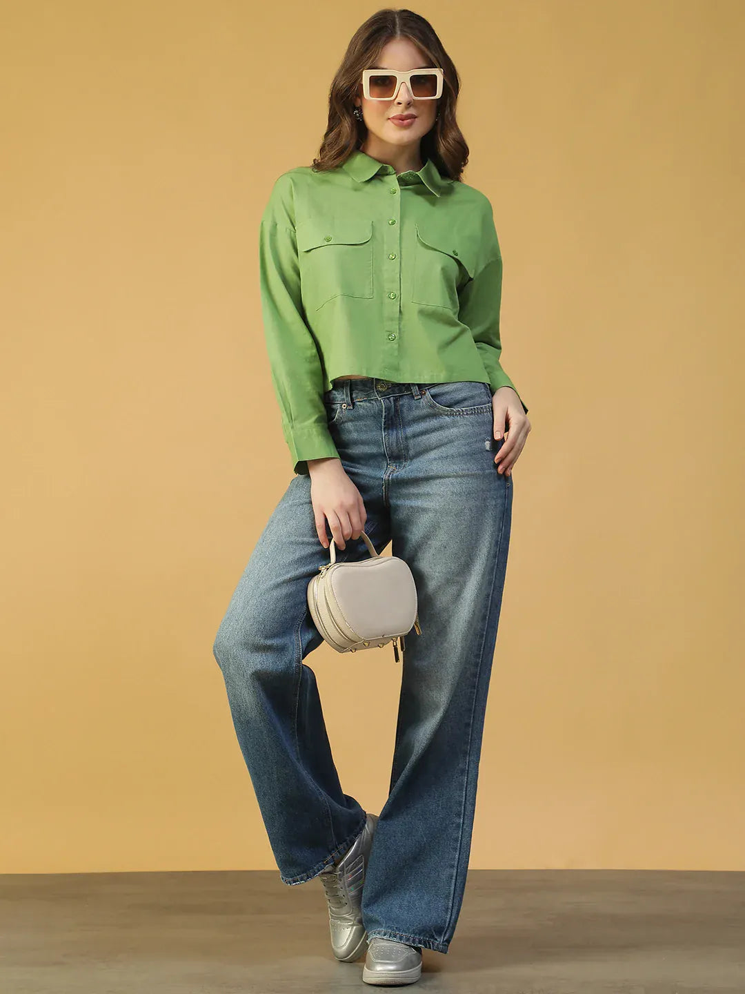 Green Women’s Shirt with Collar & Button-Down Front