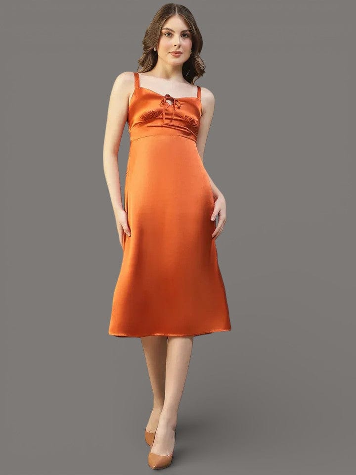 Women Brown Satin Midi Dress