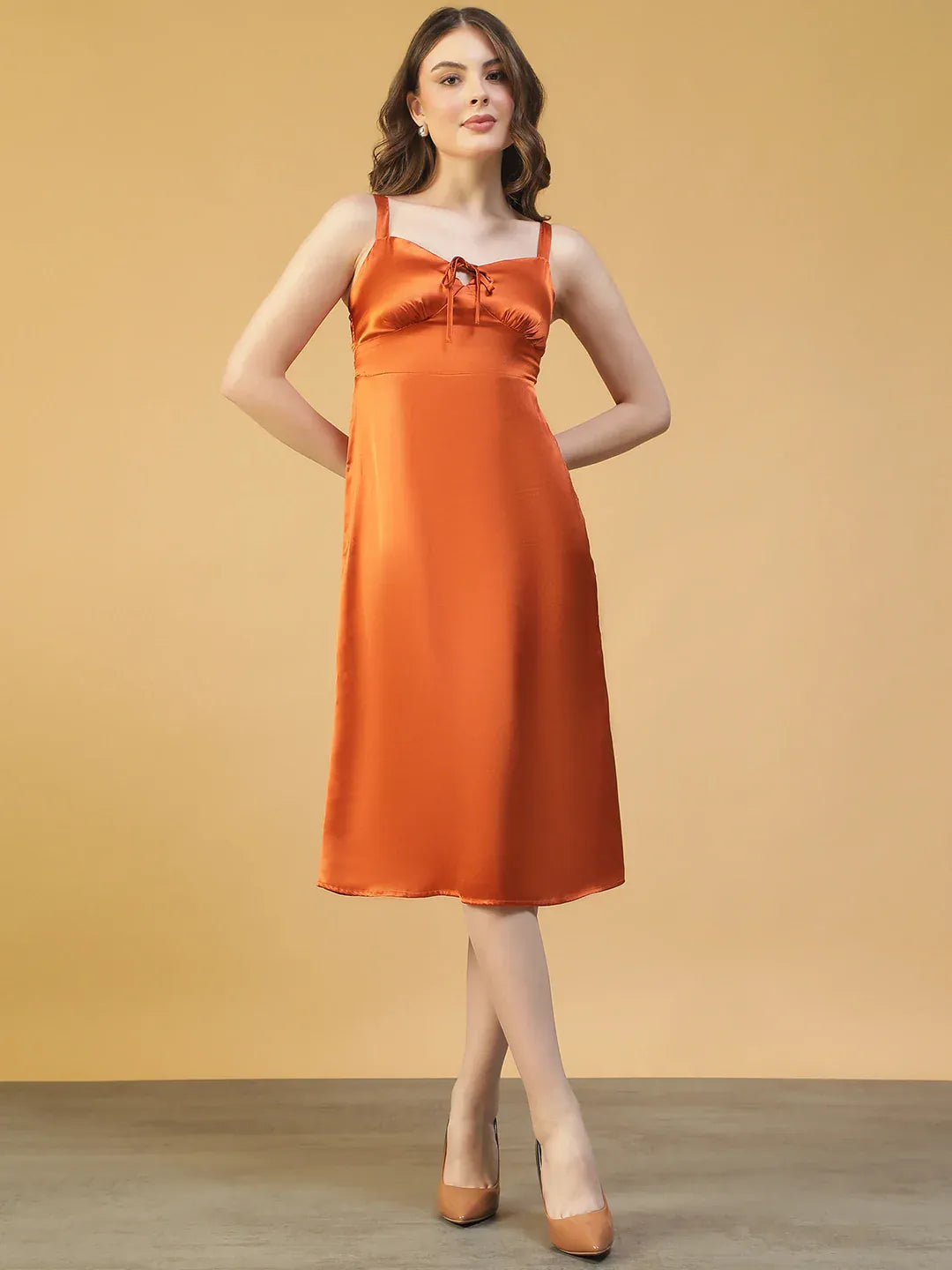 Women Brown Satin Midi Dress