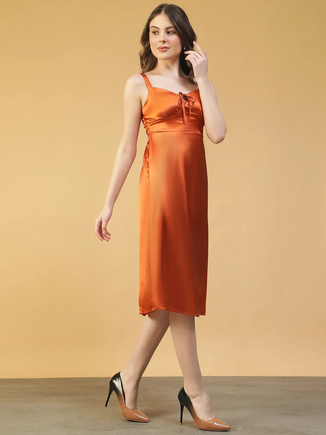 Women Brown Satin Midi Dress