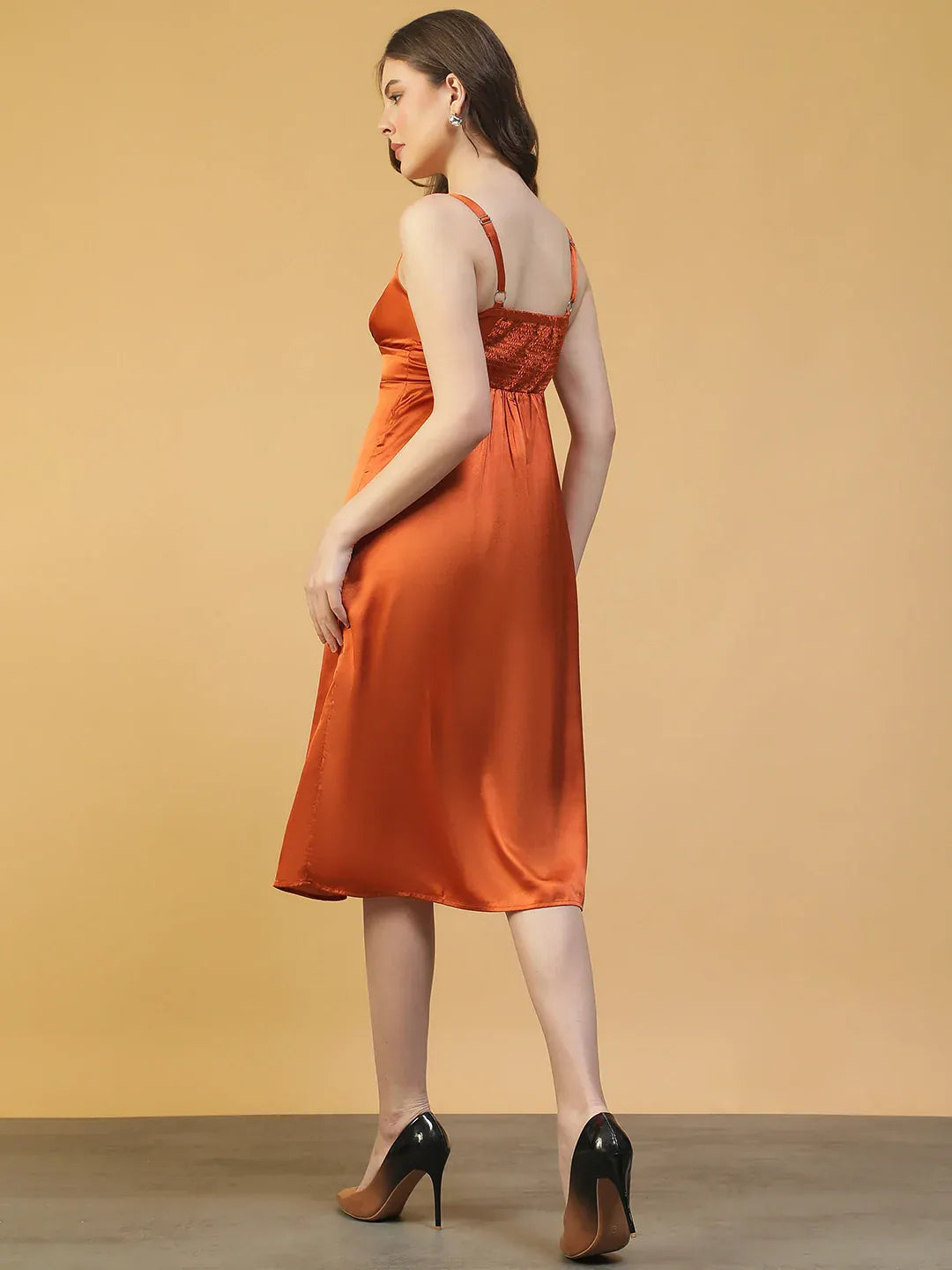 Women Brown Satin Midi Dress