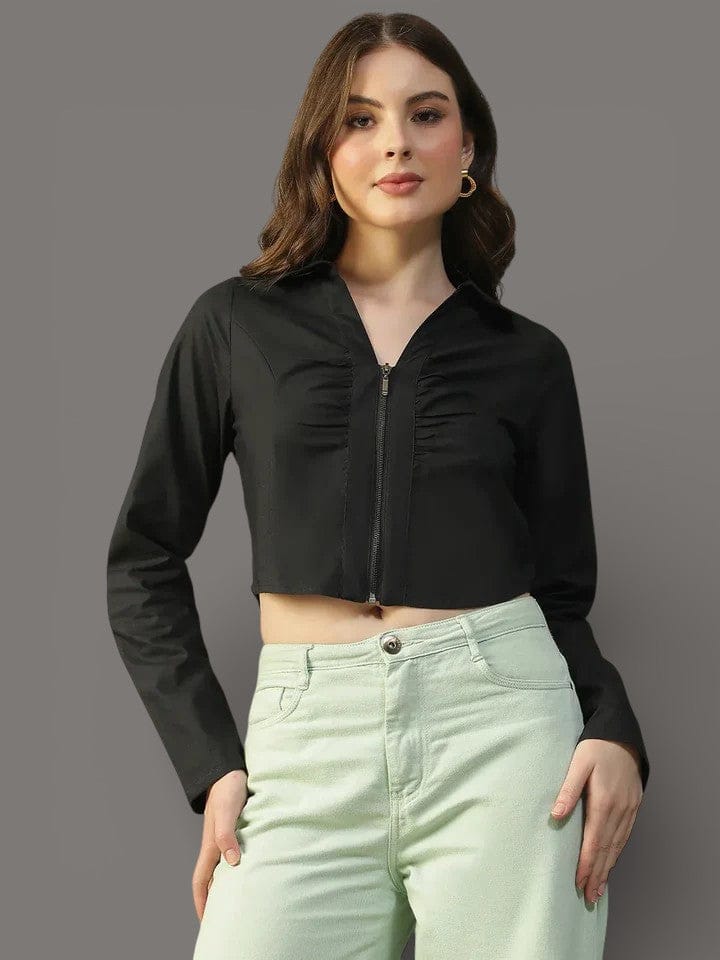 Black Cotton Women’s Crop Top with Collar & Zip Front