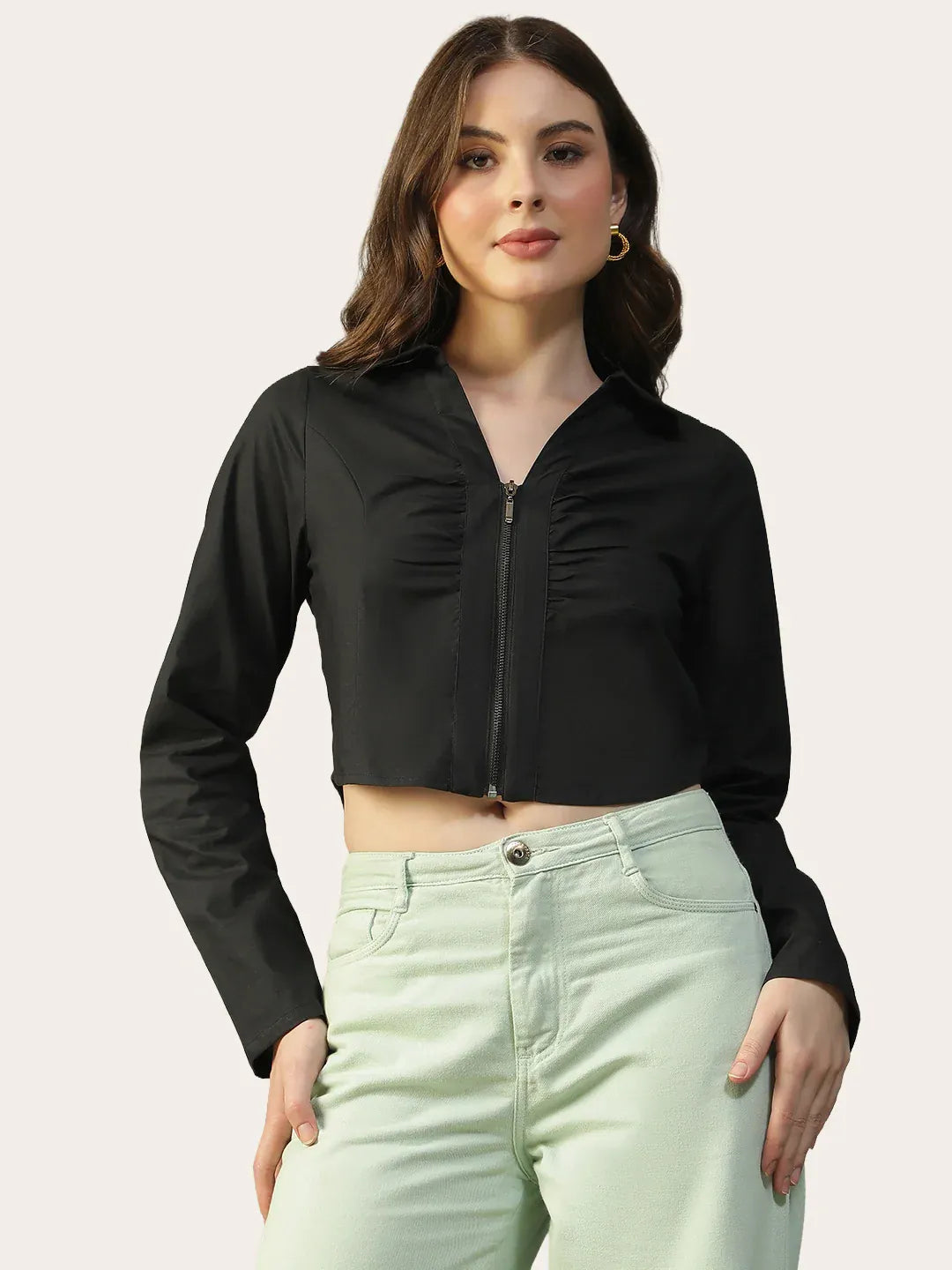 Black Cotton Women’s Crop Top with Collar & Zip Front