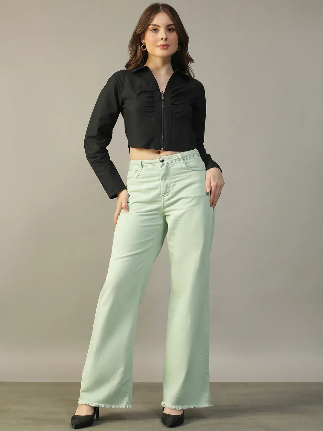 Black Cotton Women’s Crop Top with Collar & Zip Front