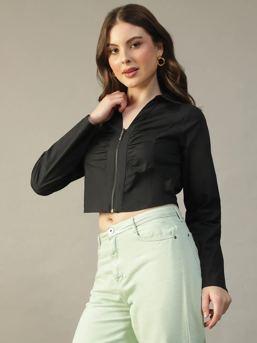Black Cotton Women’s Crop Top with Collar & Zip Front